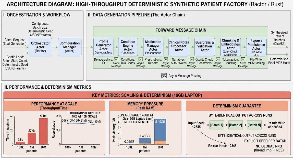 A Ractor actor pipeline generating synthetic patient records on a single machine