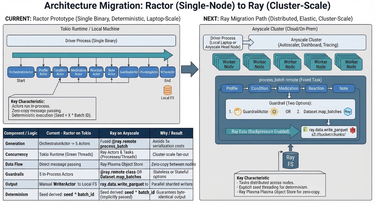 The same pipeline moving from a single Ractor process to a distributed Ray cluster